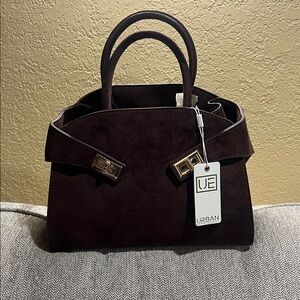 Urban Expressions Dark Brown Suede Satchel with Gold Hardware